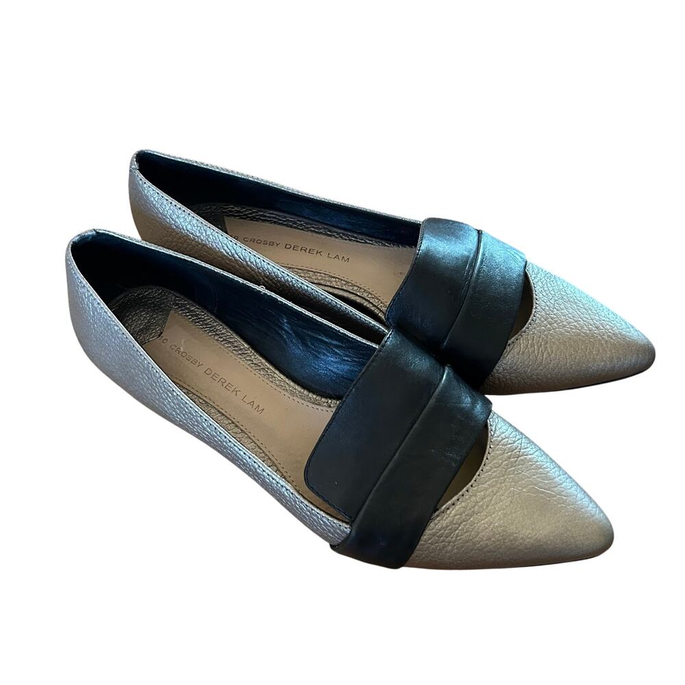 10 Crosby Derek Lam Women 7.5 M Audrey Metallic Black & Silver Pointed Toe Flats